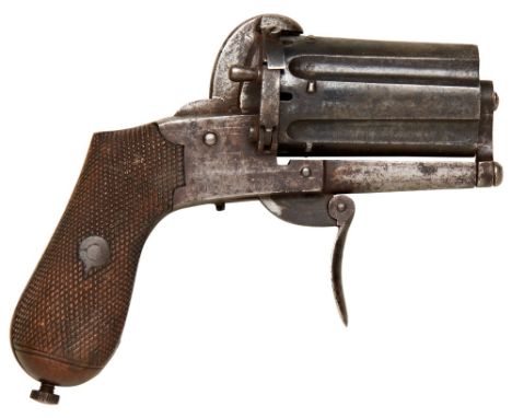 A SIX SHOT PINFIRE PEPPERBOX REVOLVER&nbsp;with swing-out loading gate, folding trigger, chequered two piece grip and screw i