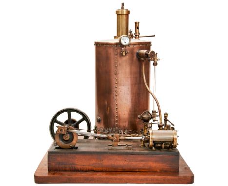 AN ENGINEERED MODEL OF A HORIZONTAL STEAM ENGINE&nbsp;with a centrifugal governor, tool rack and a large vertical copper boil