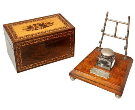 A VICTORIAN TUNBRIDGE WARE TEA CADDY&nbsp;with floral lid and a desk-top inkwell and pen stand with plaque engraved ‘Presente