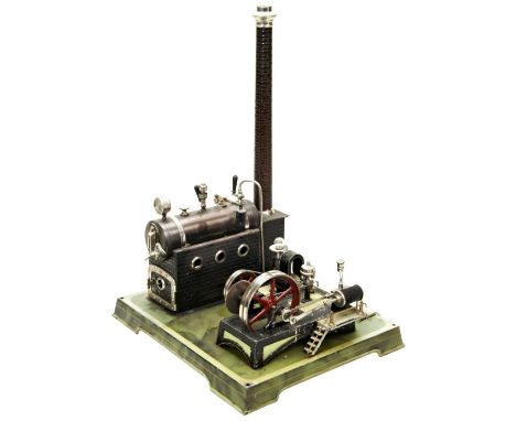A STATIONARY STEAM ENGINE, PROBABLY FLEISCHMANN&nbsp;the brick effect boiler housing with detachable chimney, platform mounte