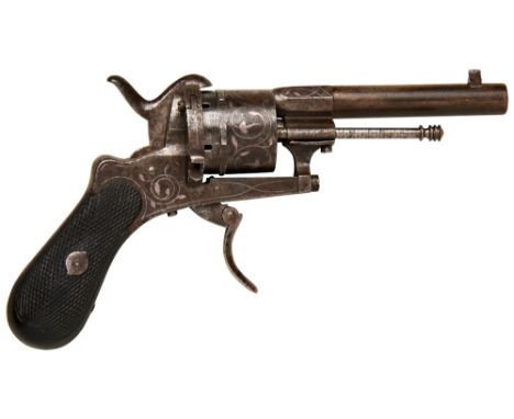 A 19TH CENTURY SIX SHOT RIMFIRE REVOLVER&nbsp;the frame with silver damascened decoration, side mounted extractor rod, swing-