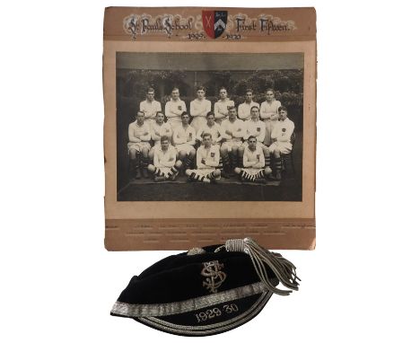 A TEAM PHOTOGRAPH FOR THE ST. PAULS SCHOOL FIRST FIFTEEN 1929-30&nbsp;together with a silver wire embroidered rugby cap award