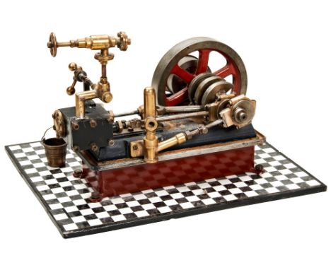AN ENGINEERED MODEL OF A HORIZONTAL STEAM FACTORY ENGINE&nbsp;with belt drive pulley mounted on a steel plate base with chequ