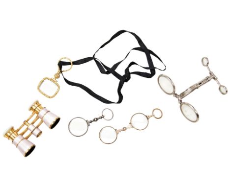 A PAIR OF BUSCH MULTINETT OPERA GLASSES&nbsp;with lilac enamelled decoration, a gilt lorgnette, two other lorgnettes and othe