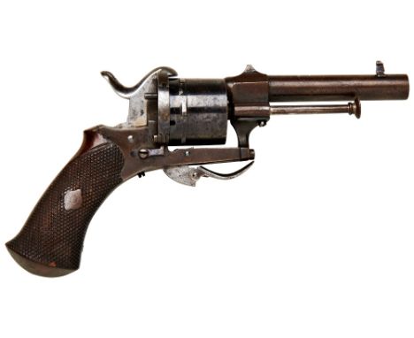 A 19TH CENTURY SIX SHOT PINFIRE REVOLVER&nbsp;the blued frame with side mounted extractor rod, swing-out loading gate, foldin