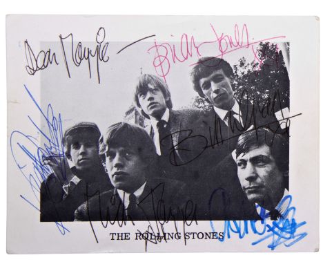 THE ROLLING STONES: A GOOD SET OF AUTOGRAPHS ON A BLACK AND WHITE POSTCARD WITH A PORTRAIT OF ALL FIVE MEMBERS&nbsp;with Big 