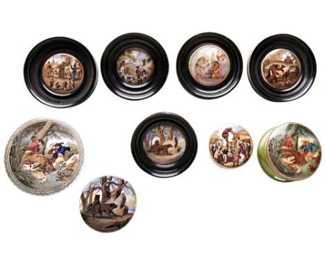 A GROUP OF NINE VICTORIAN ANIMAL AND HUNTING RELATED PRATTWARE POT LIDS&nbsp;to include bear baiting, the Lion and the Cocker