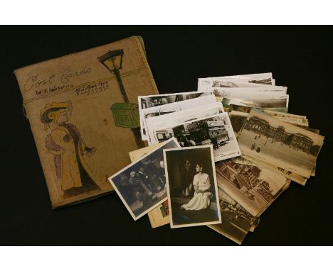 A box of postcards, including printed and real photographic examples, comprising hunting, locomotive and street scenes