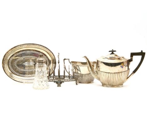 Silver plated wares including, a three piece tea service, together with an Indian white metal bowl, 14cm diameter, a silver m