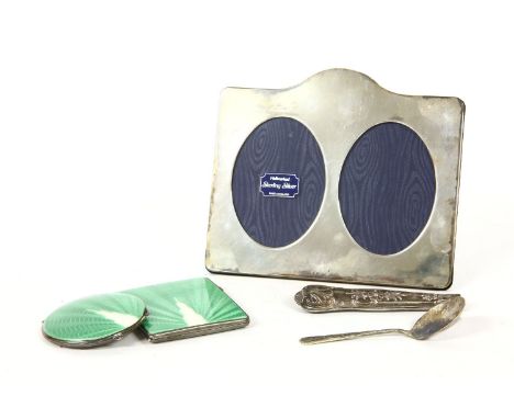 A Birmingham silver and guilloche green enamel compact mirror, together with matching cigarette case, a sterling silver photo