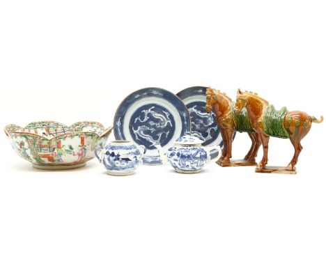 A late 19th to early 20th century Chinese Canton famille rose bowl, a pair of Tang dynasty style horses, a blue and white tea