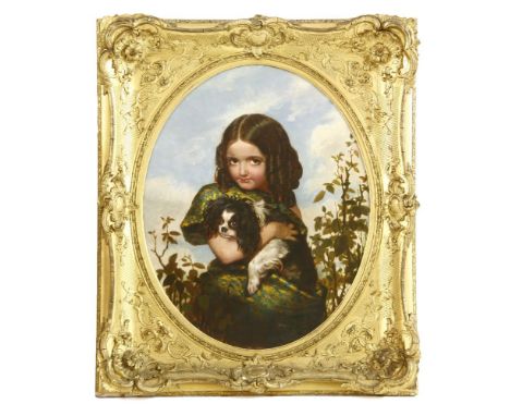 John Harris, circa 1854PORTRAIT OF A YOUNG GIRL WITH A KING CHARLES SPANIELSigned, dated and inscribed '1854 London' l.c., Oi
