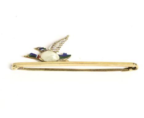 A gold polychrome enamel Mallard bar brooch, a single blister pearl to the body of an enamel set Mallard on a bar brooch, mar