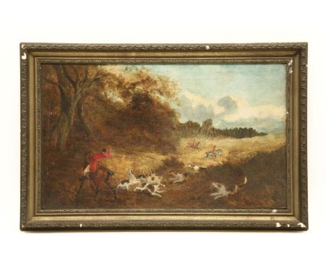 English SchoolHUNTING SCENE Oil on canvas,with label 'The Milestone Gallery',51cm wide x 31cm high