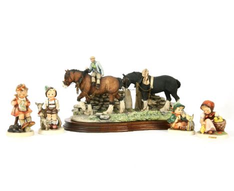 Four Goebel Hummel figures to include 'Singing Lesson', 'Little Goat Herder', 'Mother's Helper' and 'Chick Girl' together wit