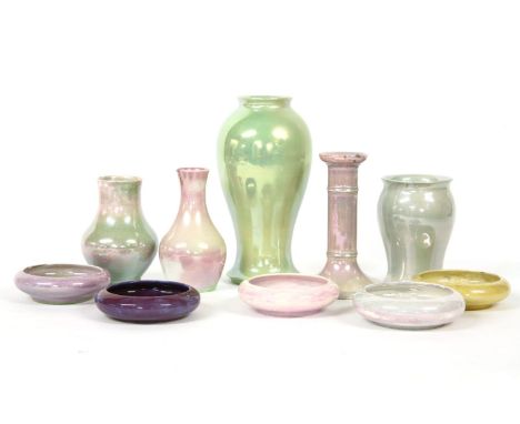 Moorcroft lustre wares: four vases, a candlestick and five lustre dishes, longest 22.5cm high (10)