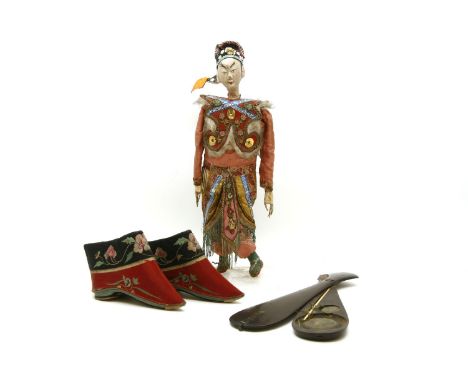 A collection of miscellaneous Chinese Antiques, including a doll, a pair of shoes, an ivory bangle, a blue and white bowl, a 