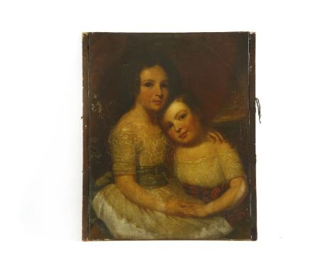 English School, 19th centuryA PORTRAIT OF TWO YOUNG SISTERSOil on canvas, attached to wooden sides66 x 51cm