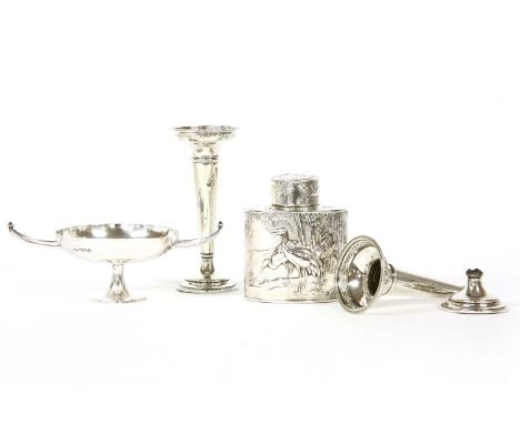 A silver dish, by Goldsmiths and Silversmith's Company, Ltd., London 1908, a silver specimen vase, its pair (A/F) and a Chine