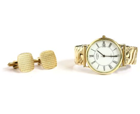 A gentlemen's gold plated Rotary watch, the white dial with Arabic numerals and date aperture, with expanding bracelet, engra