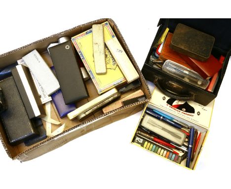 A large group of ballpoint and fountain pens, comprising Parker, Lamy and Papermate, together with loose nibs, a compass set 