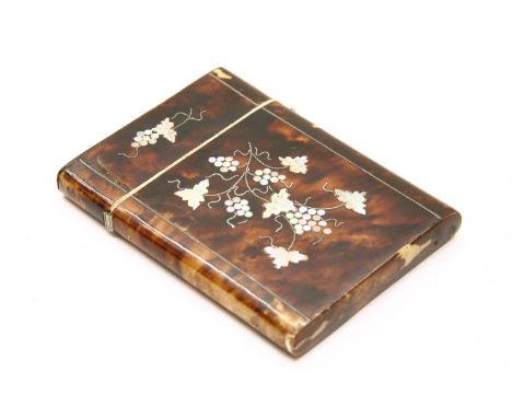 A 19th century tortoiseshell card case, with inlaid mother of pearl decoration, lid inscribed 'Miss Russell', 10.5 x 8cm