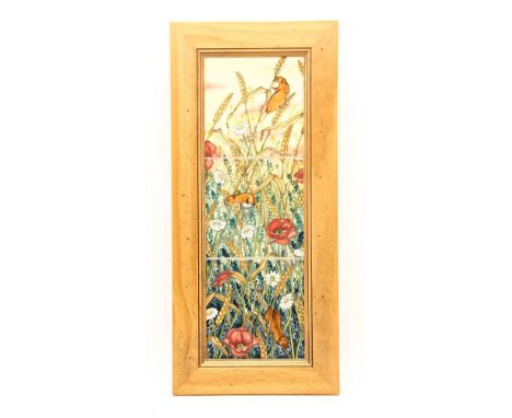 A Moorcroft 'Harvest' three tile panel, 1999, by Anji Davenport, signed and dated 7.10.00 in gold, framed, 26.5cm wide x 58.5