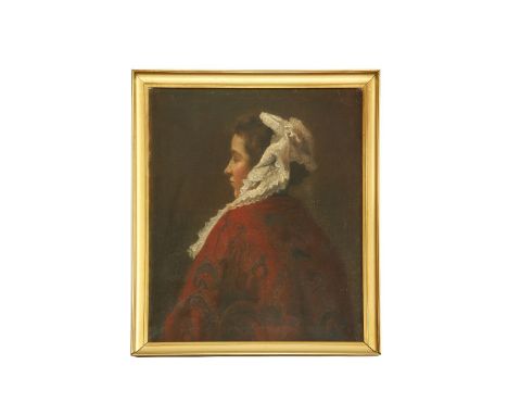 19th century SchoolPORTRAIT OF A YOUNG WOMAN, HALF LENGTH INA RED SHAWLOil on canvas65 x 51cm