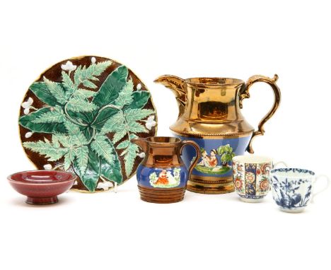 A collection of decorative ceramics, to include copper lustre jugs, a pearlware jug, a majolica leaf plate, Dresden porcelain