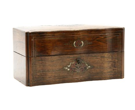 A 19th century rosewood tea caddy, with mother of pearl and Boulle work cartouche, enclosing a fitted interior with gilt glas