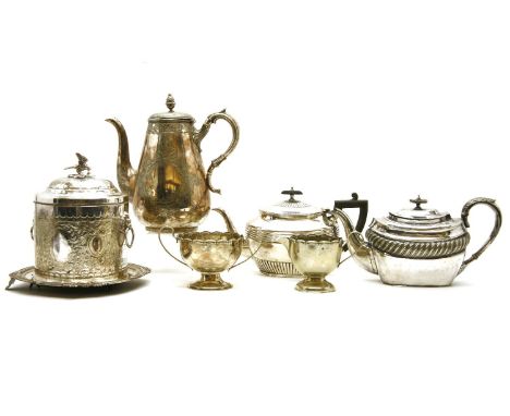 A large collection of silver plate, to include a an ice bucket with bird finial, a sugar bowl, teapots etc