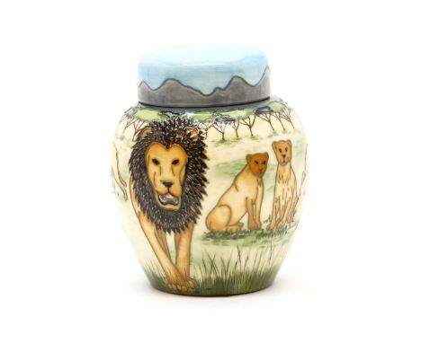 A Moorcroft 'Pride of Lions' ginger jar and cover, by Sian Leper, 1999, numbered 56/250, signed in gold and dated 7.10.00, 15