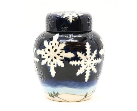 A Moorcroft 'Winter Wonderland' ginger jar and cover, 2002, by Anji Davenport, numbered 66/85, signed twice, 15cm high, boxed