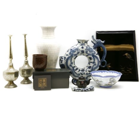 A collection of Oriental wares, comprising of a cloisonne miniature teapot, a blue and white porcelain teapot, two eggshell p