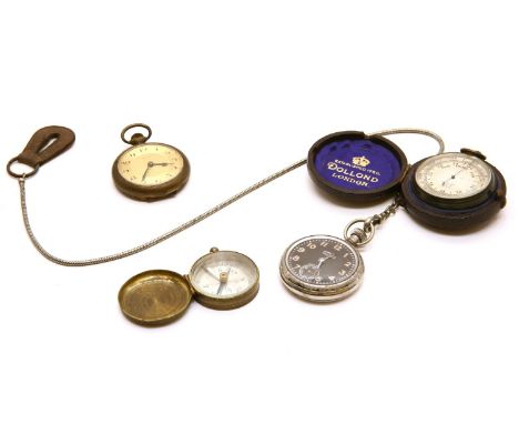 A late 19th century Dollond gunmetal cased pocket barometer, together with a French brass cased compass, an Ingersoll chrome 