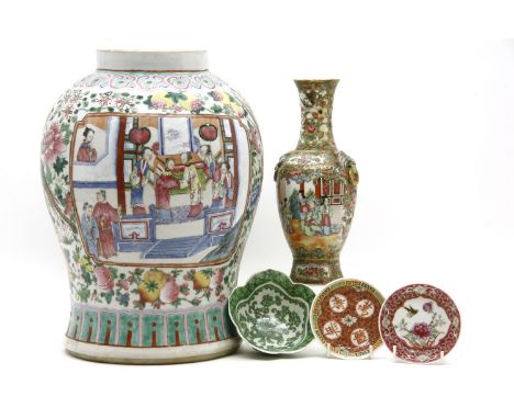 A collection of ceramics, comprising a punch bowl, sweetmeat dishes, saucers etc