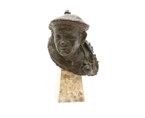 An early 20th Century bronze sculpture of a Scottish gentleman, on a soapstone plinth