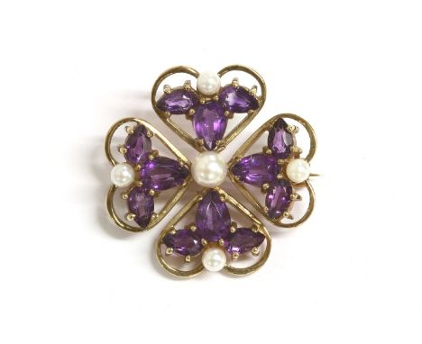 A 9ct gold cultured pearl and pear shaped amethyst petal four leaf clover brooch, by Cropp &amp; Farr, (tested as 9ct gold), 
