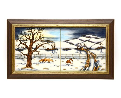 A Moorcroft 'Woodside Farm' two tile panel, 1999, by Anji Davenport, signed in gold on the tiles by Anji Davenport and J. Moo