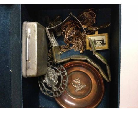 A small box of odds to include a gold ankle chain, a silver chain and an HMS Hood copper pin dish