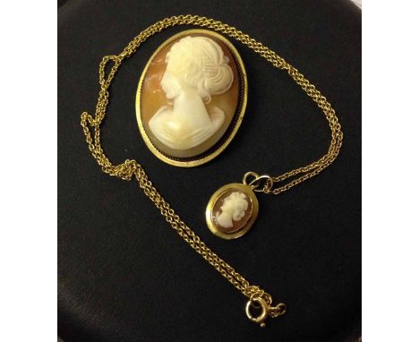 A cameo pendant in 9ct gold mount on a 16" gold chain together with a vintage carved cameo in yellow metal mount as a brooch 