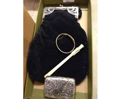 Vintage art deco black velvet evening bag together with a carved ivory claw cigarette holder, art deco hinged bangle set with