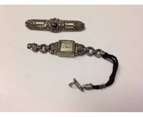 Ladies vintage Bucherer Swiss made Marcasite watch, needs new strap - together with a marcasite bar brooch with central ameth