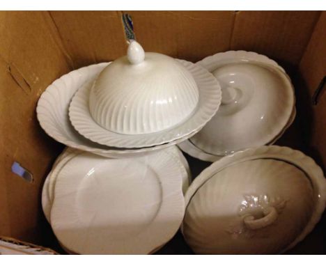 A quantity of vintage blanc de chine dinnerware to include 6 Shelley plates, Wilkinson entrée dish & unmarked muffin dish.