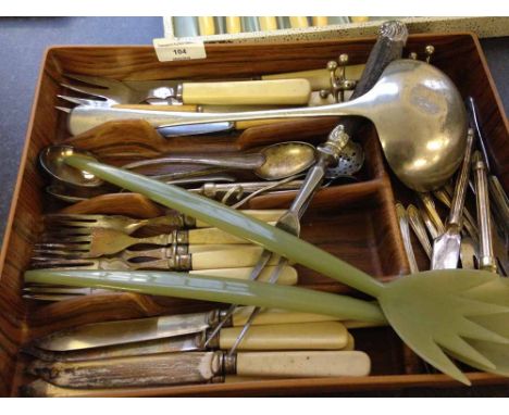 A quantity of assorted vintage cutlery including faux ivory handles and a Walker & Hall Air Ministry soup ladle.