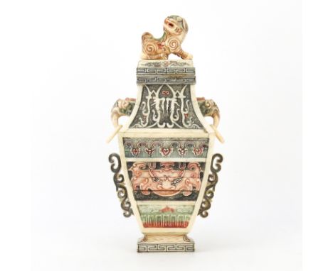 Chinese Carved Bone Polychrome Covered Urn. Squared tapering form with relief handles, foo dog finial and motif center. Some 