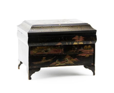 Vintage Japanese Lacquered Jewelry Box. Decorated with bird motif to top, painted village scene on drawers, and gilt painted 