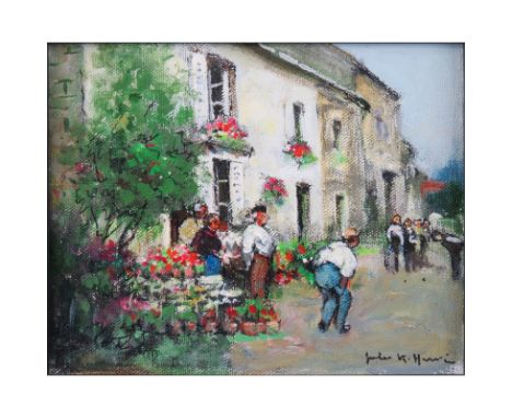 Jules Rene Herve, French (1887-1981) Oil on Canvas "Joueurs de Boules" Signed Lower Right. Depicts a gathering of villagers p