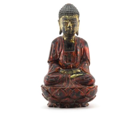 Vintage Carved Wood Hand Painted Seated Buddha Sculpture. Rubbing and paint loss to surface otherwise good condition. Measure