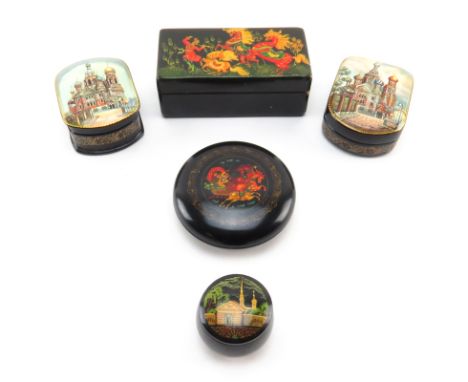 Grouping of Five (5) Vintage Russian Lacquered Wooden Boxes. Three boxes are signed to top. Good condition. Largest measures 